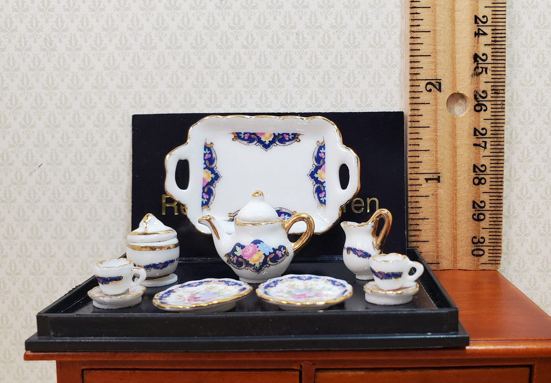 Dollhouse Tea Set Reutter Porcelain Royal Blue 1:12 Scale Plates Tray Cups