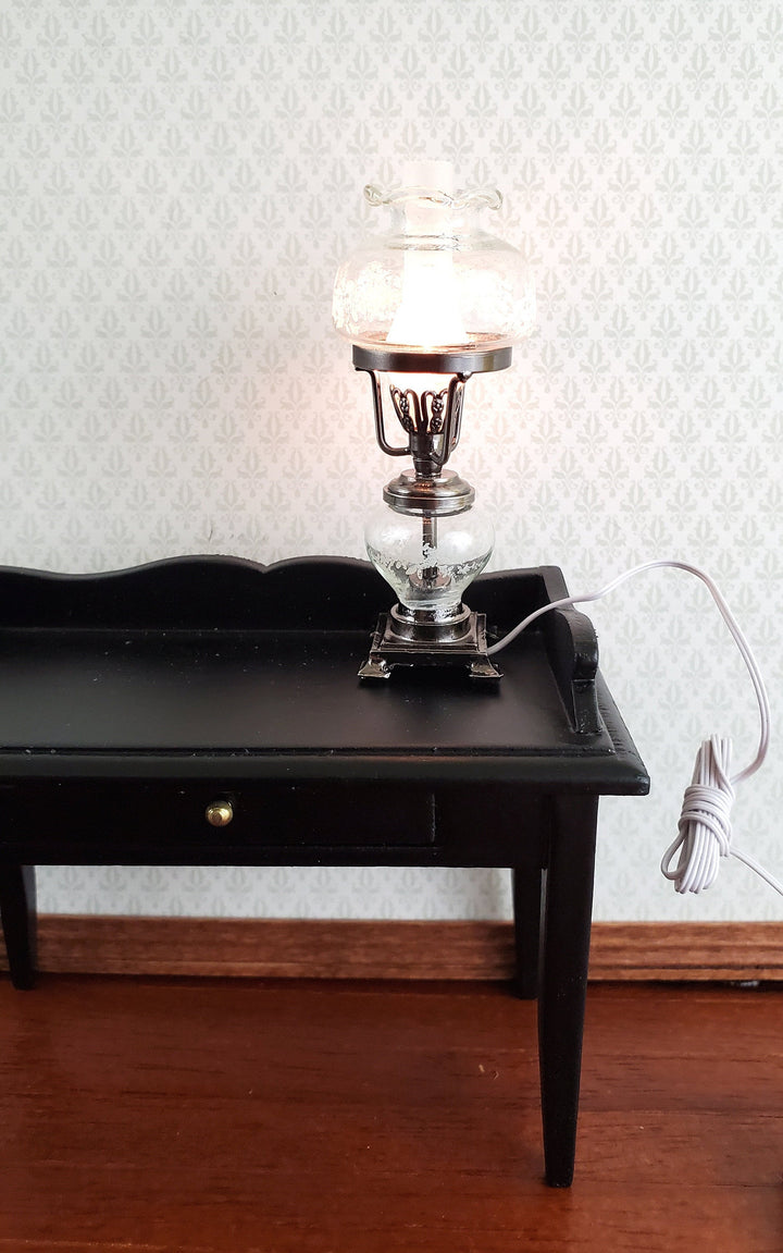 Dollhouse Hurricane Oil Lamp 12 Volt Light w/ Plug 1:12 Scale Vintage Style Pewter Finish