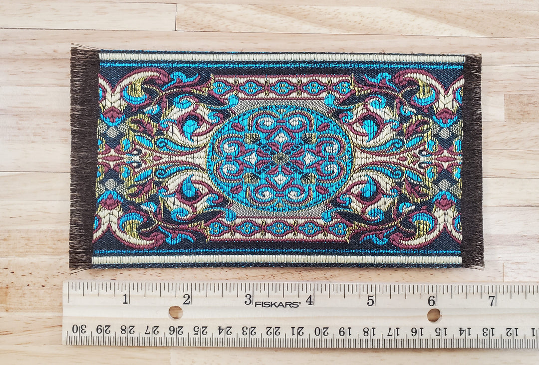 Dollhouse Rug Brown Blue & Gold 6 3/4" x 3 1/2" Woven Fabric 1:12 Scale Miniature