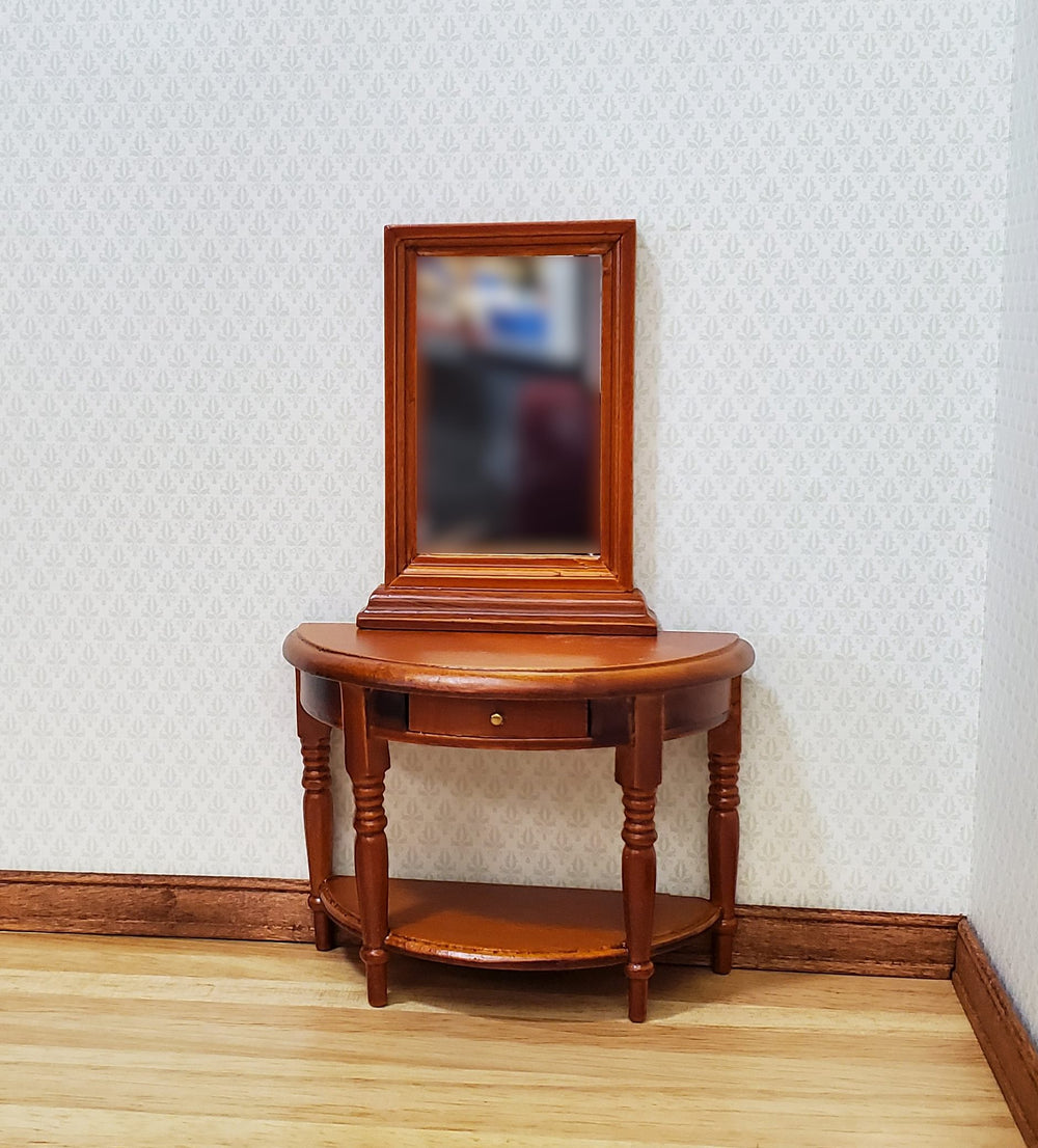 Dollhouse Half Round Table with Mirror 1:12 Scale Furniture Walnut Finish