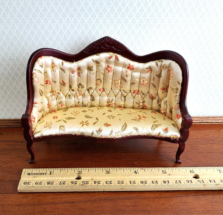 Dollhouse Sofa Couch Victorian Gold Floral Print 1:12 Miniature Mahogany Finish