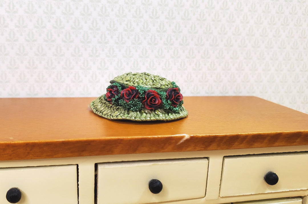 Dollhouse Victorian Hat Green with Red Roses Handmade 1:12 Scale Miniature
