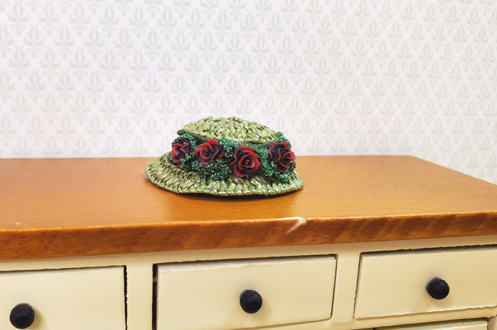 Dollhouse Victorian Hat Green with Red Roses Handmade 1:12 Scale Miniature