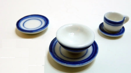 Dollhouse White with Blue Trim Ceramic Dinner Setting 1:12 Scale Miniatures