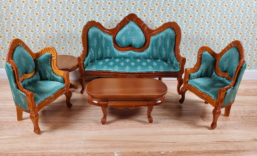 Dollhouse Victorian Living Room Set Green Sofa Chairs Tables 1:12 Scale Furniture