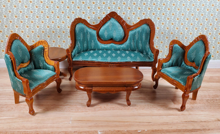 Dollhouse Victorian Living Room Set Green Sofa Chairs Tables 1:12 Scale Furniture