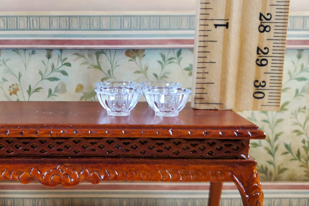Dollhouse 4 Small Bowls Clear Plastic Fluted Edge 1:12 Scale Miniature Dishes