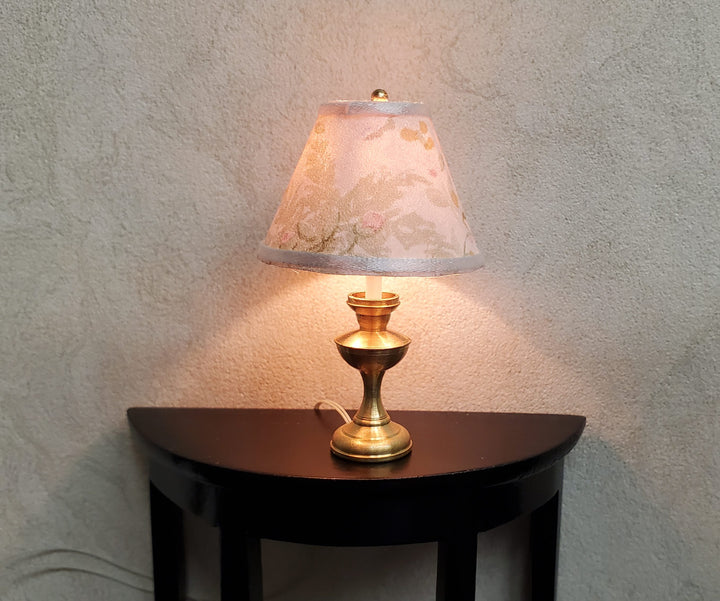 Dollhouse Table Lamp Cream & Green Shade Brass Base 12 Volt Wired 1:12 Scale