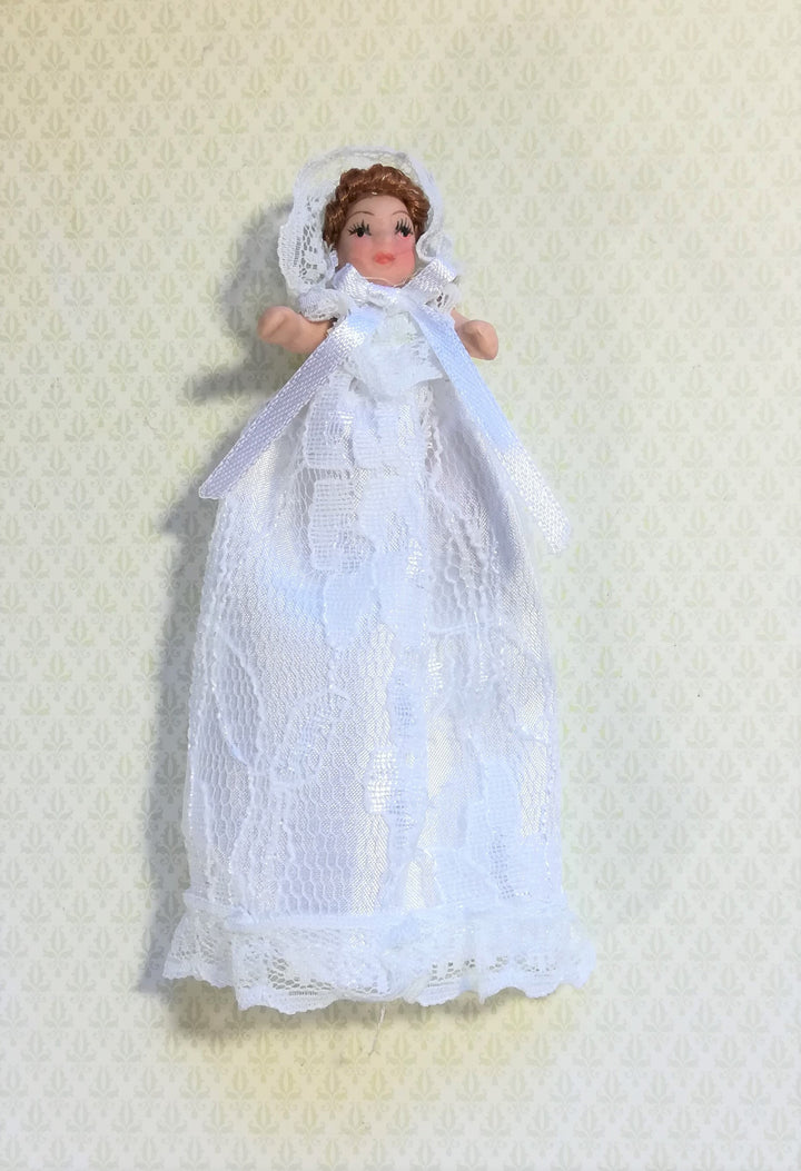 Dollhouse Miniature Baby Doll in Long White Lace Gown 1:12 Scale Brown Hair