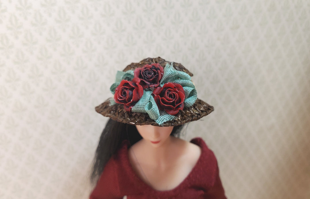Dollhouse Victorian Hat Brown with Red Roses Handmade 1:12 Scale Miniature