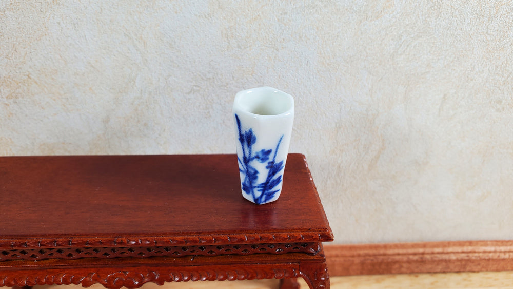 Dollhouse Blue & White Decorative Vase for Flowers Hexagon 1:12 Scale Miniature