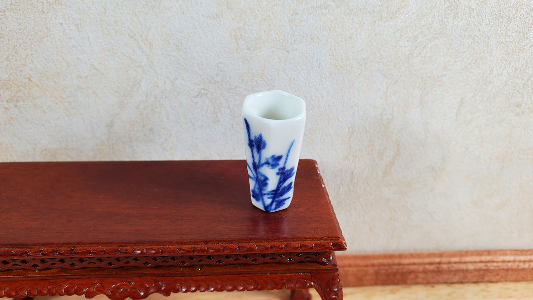 Dollhouse Blue & White Decorative Vase for Flowers Hexagon 1:12 Scale Miniature