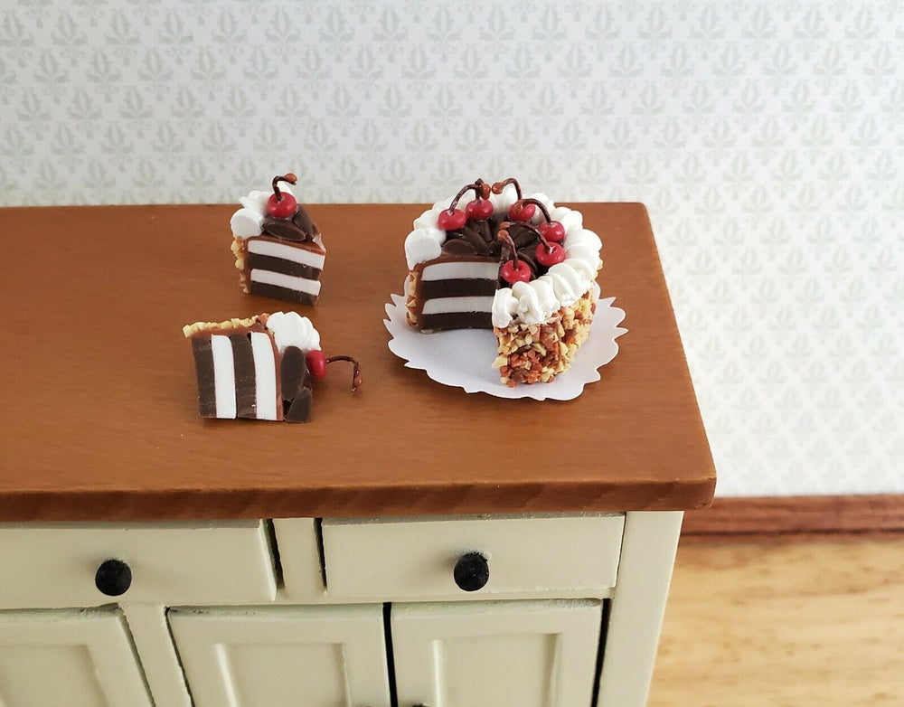 Dollhouse Miniature Cake with 3 Pieces Chocolate Cherry 1:12 Scale Dessert Food