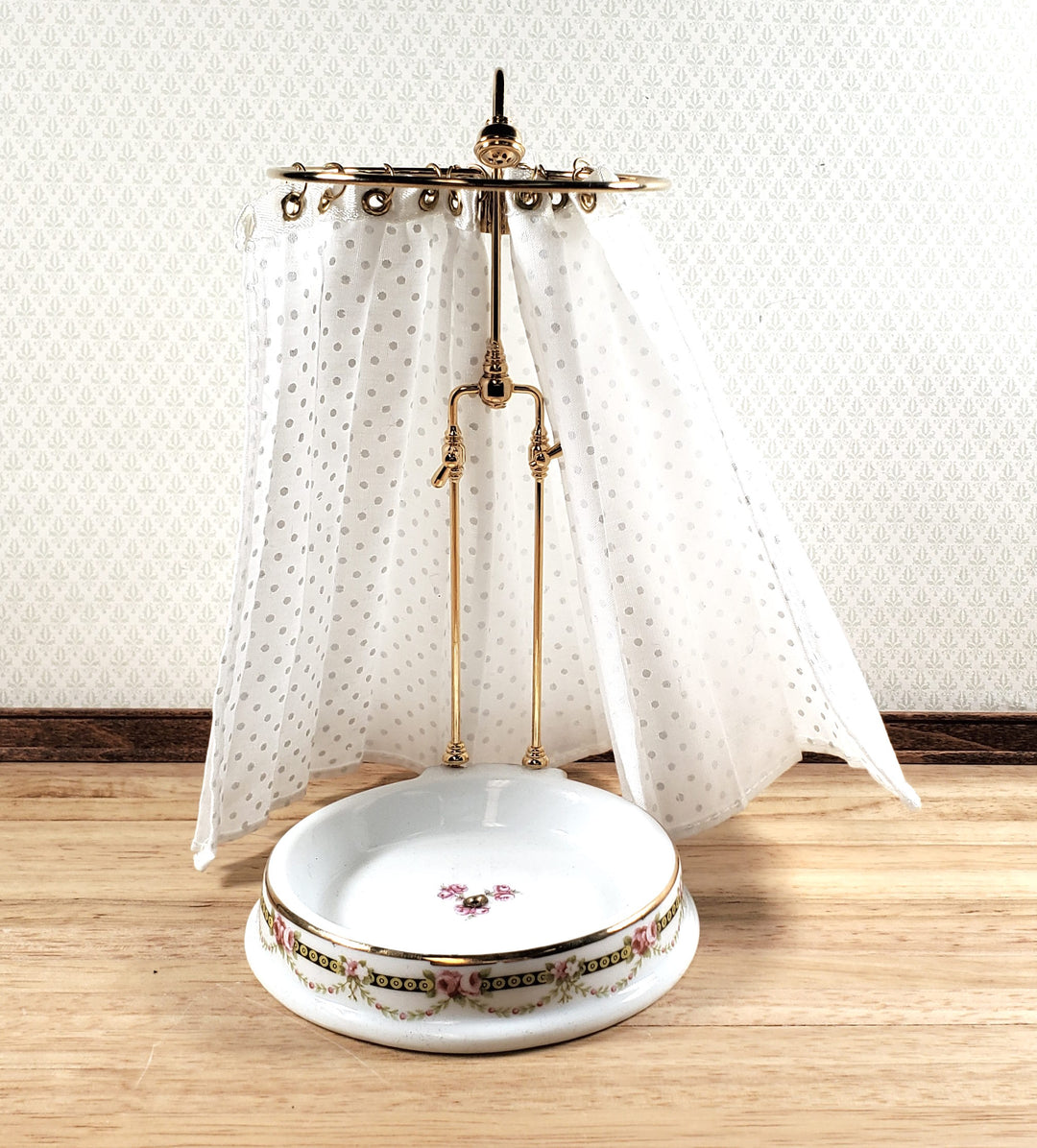 Dollhouse Shower with Curtain Round Victorian Rose Reutter Porcelain 1:12 Scale