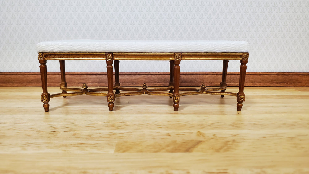 Dollhouse JBM Long Bench Walnut Finish White Padded Seat 1:12 Scale Furniture