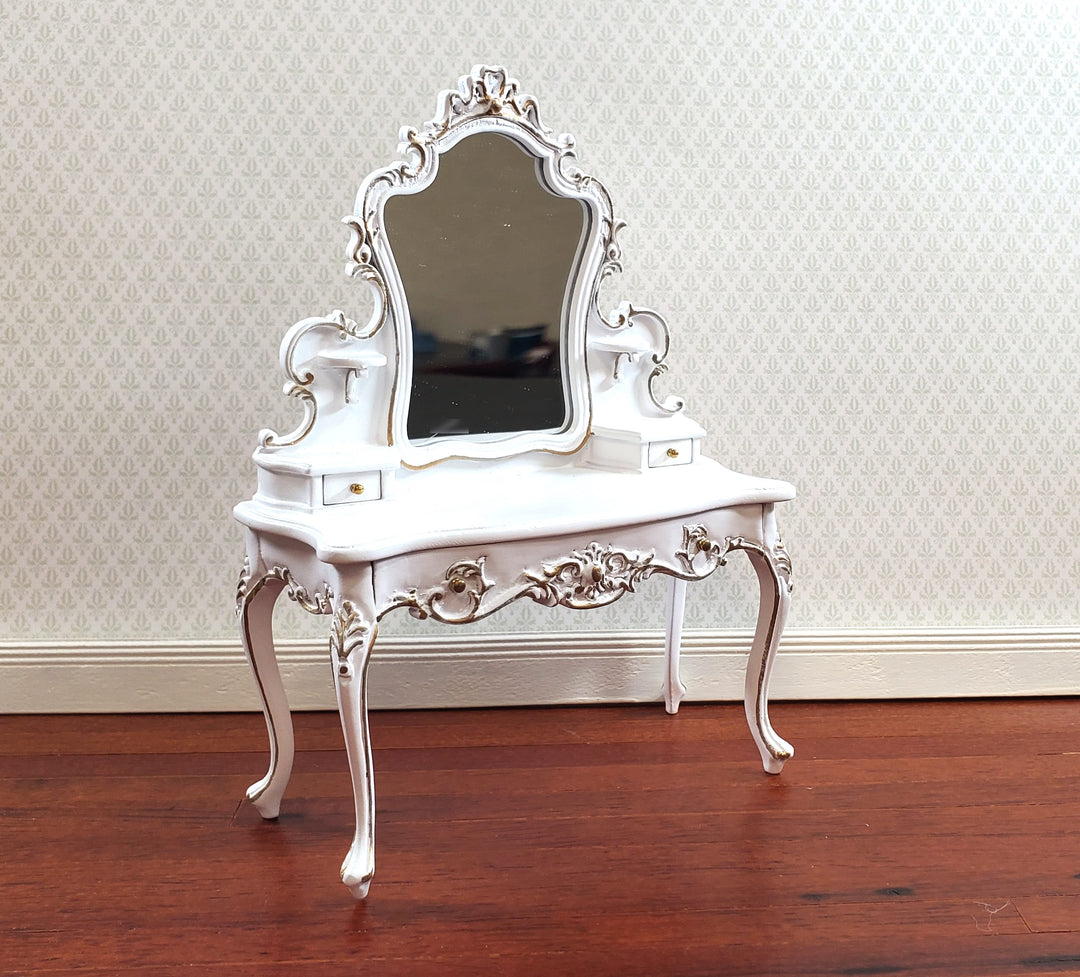 JBM Dollhouse Dressing Table Vanity White and Gold 1:12 Scale Miniature Furniture JBM Dollhouse Dressing Table Vanity White and Gold 1:12 Scale Miniature Furniture