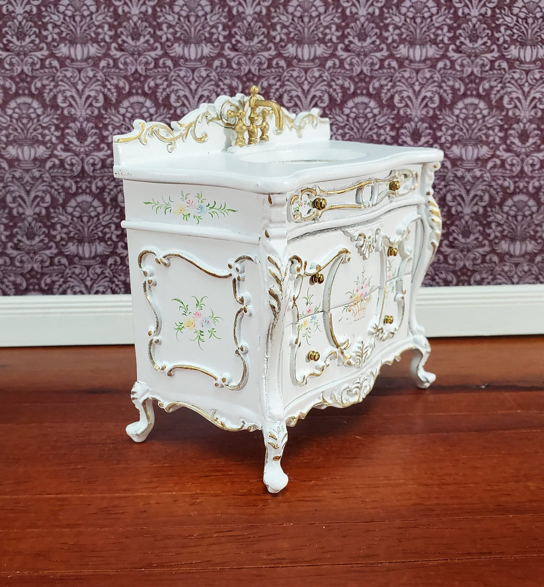 JBM Miniature Bathroom Sink White & Gold Baroque Style 1:12 Scale Dollhouse
