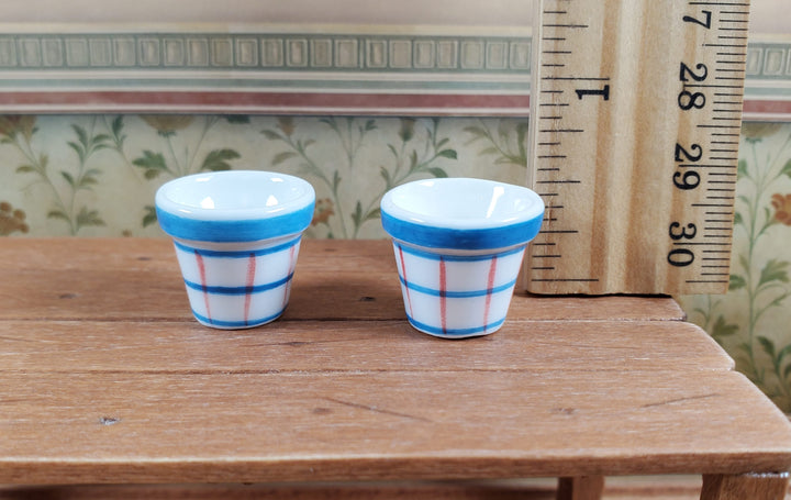 Dollhouse White Blue & Red Plaid Ceramic Planters x2 1:12 Scale Miniatures