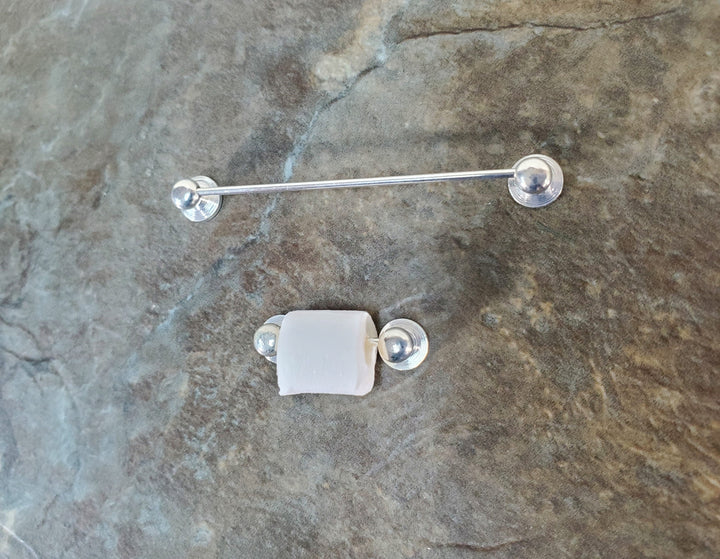 Dollhouse Towel Rod & Toilet Paper Holder Silver 1:12 Scale Miniature Bathroom