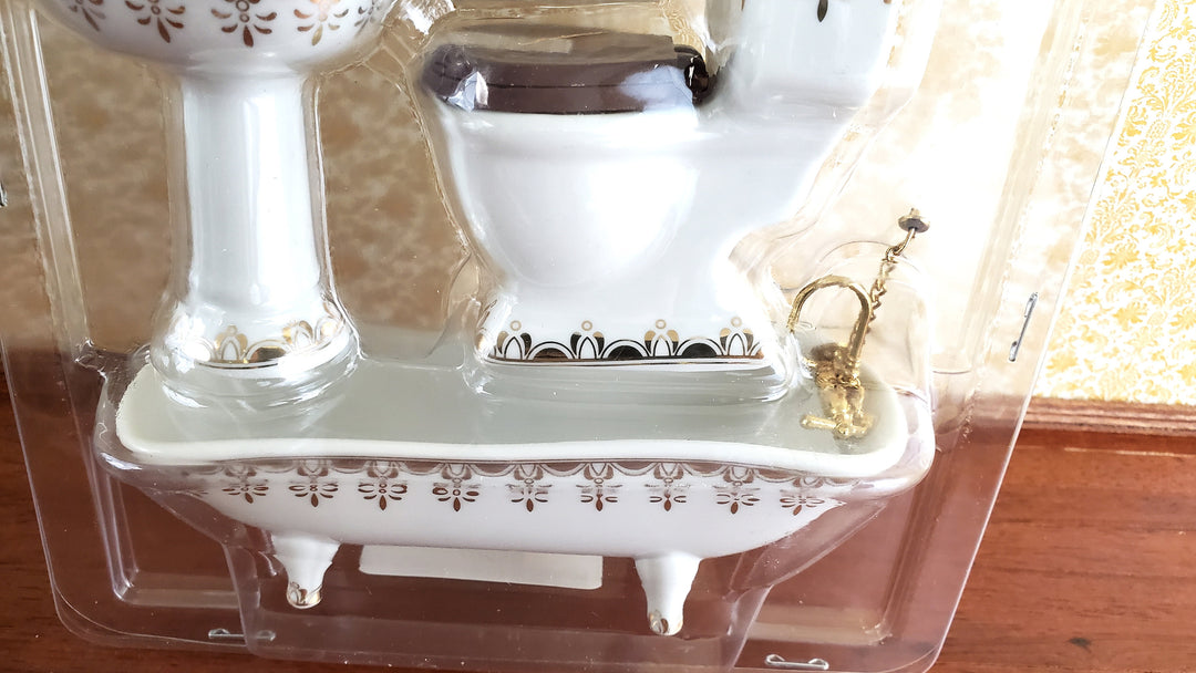 Dollhouse Miniature Bathroom Set Tub Toilet Sink Mirror White & Gold 1:12 Scale