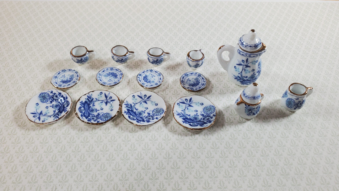 Dollhouse Coffee Set with Plates Blue White Floral Ceramic 1:12 Scale Miniature