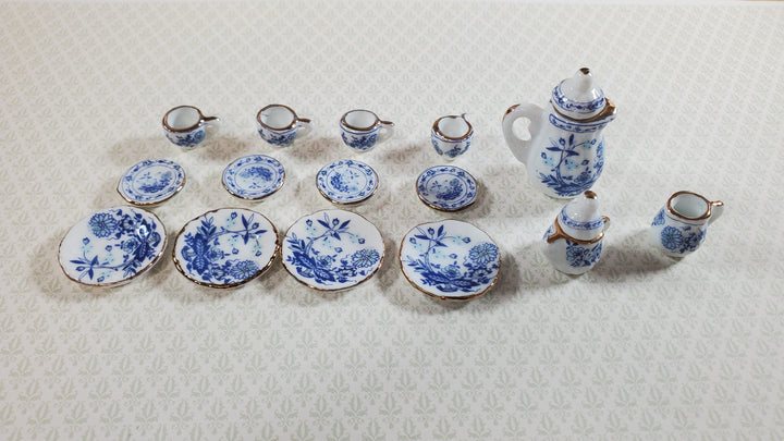 Dollhouse Coffee Set with Plates Blue White Floral Ceramic 1:12 Scale Miniature