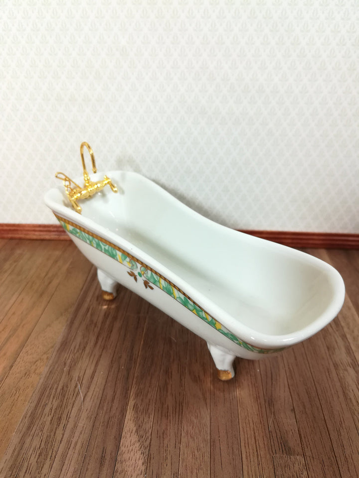 Dollhouse Miniature Bathroom Set White & Green Porcelain Tub Toilet Sink 1:12 Scale
