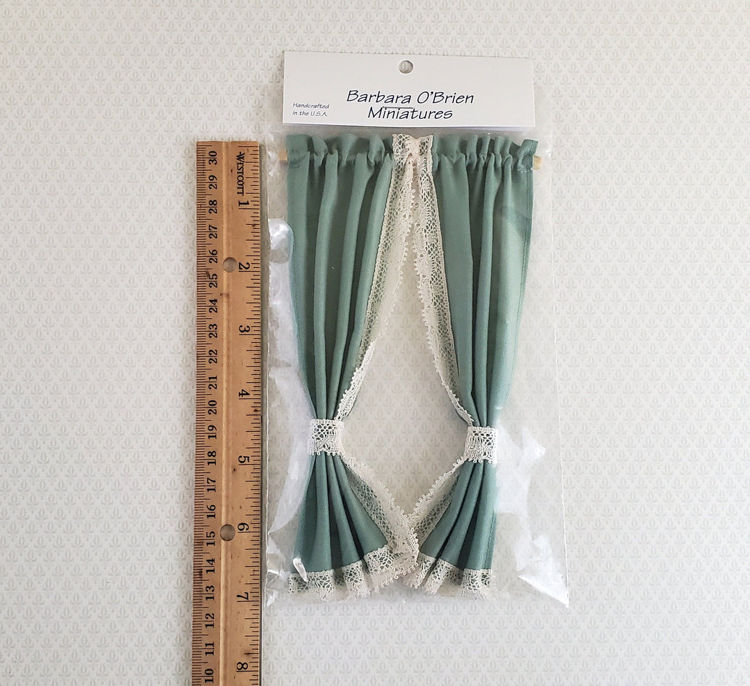 Dollhouse Miniature Curtains Green with Lace & Curtain Rod 1:12 Scale Handmade