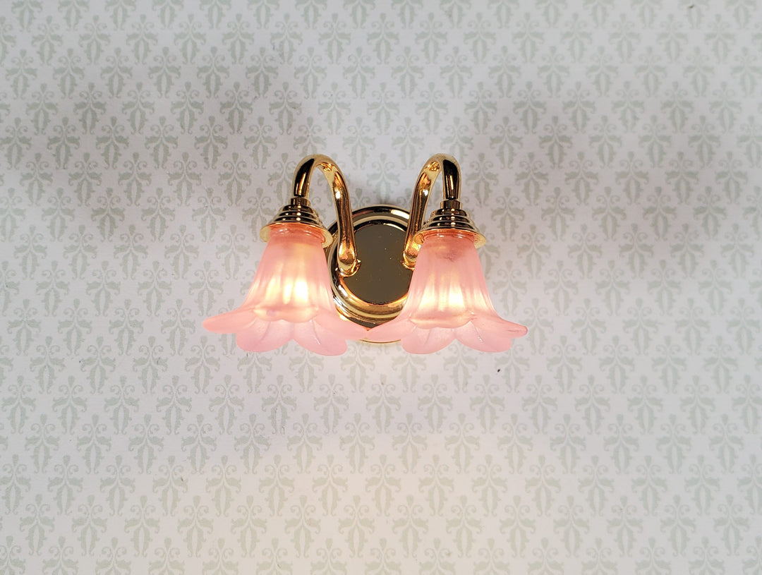 Dollhouse Wall Sconce Pink Flower Shades with Wand 1:12 Miniature Battery Lamp