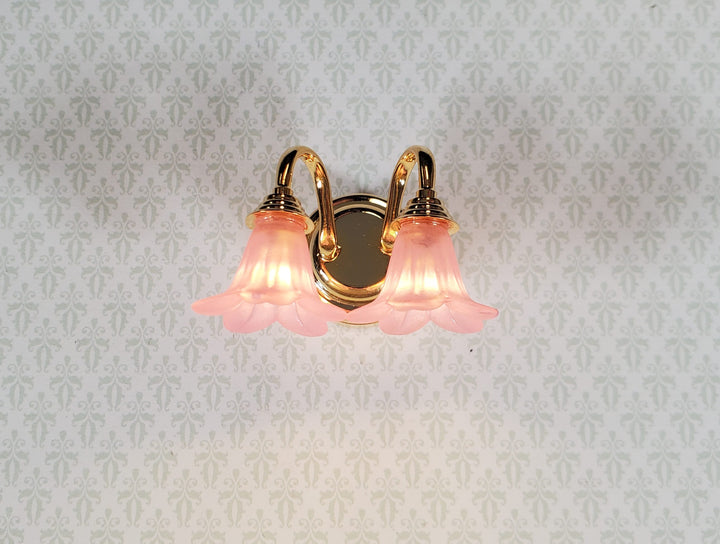 Dollhouse Wall Sconce Pink Flower Shades with Wand 1:12 Miniature Battery Lamp