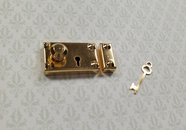 Dollhouse Rim Lock Set Door Knob Strike Plate with Key Gold 1:12 Scale Large