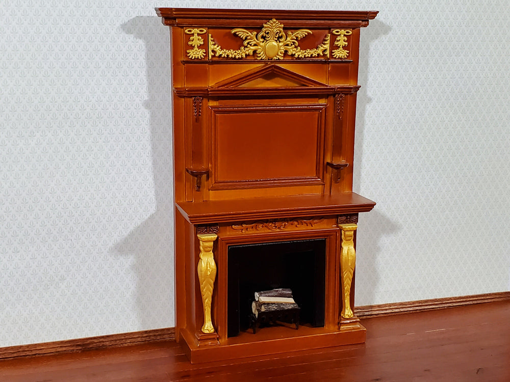 Dollhouse Fireplace with Ornate Overmantel 1:12 Scale Miniature Walnut Finish