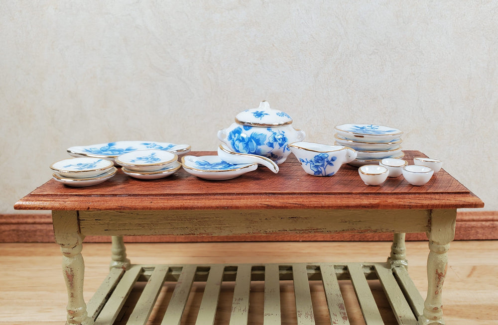 Dollhouse Dinner Set Plates Tureen Ceramic Blue Floral 1:12 Scale Miniature