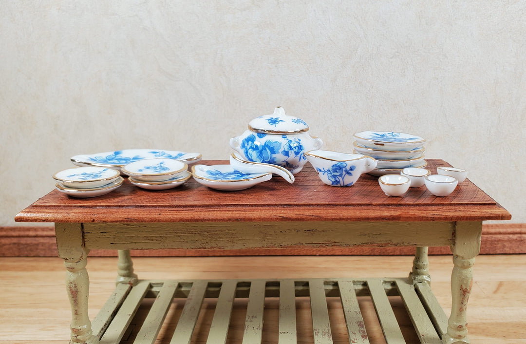 Dollhouse Dinner Set Plates Tureen Ceramic Blue Floral 1:12 Scale Miniature