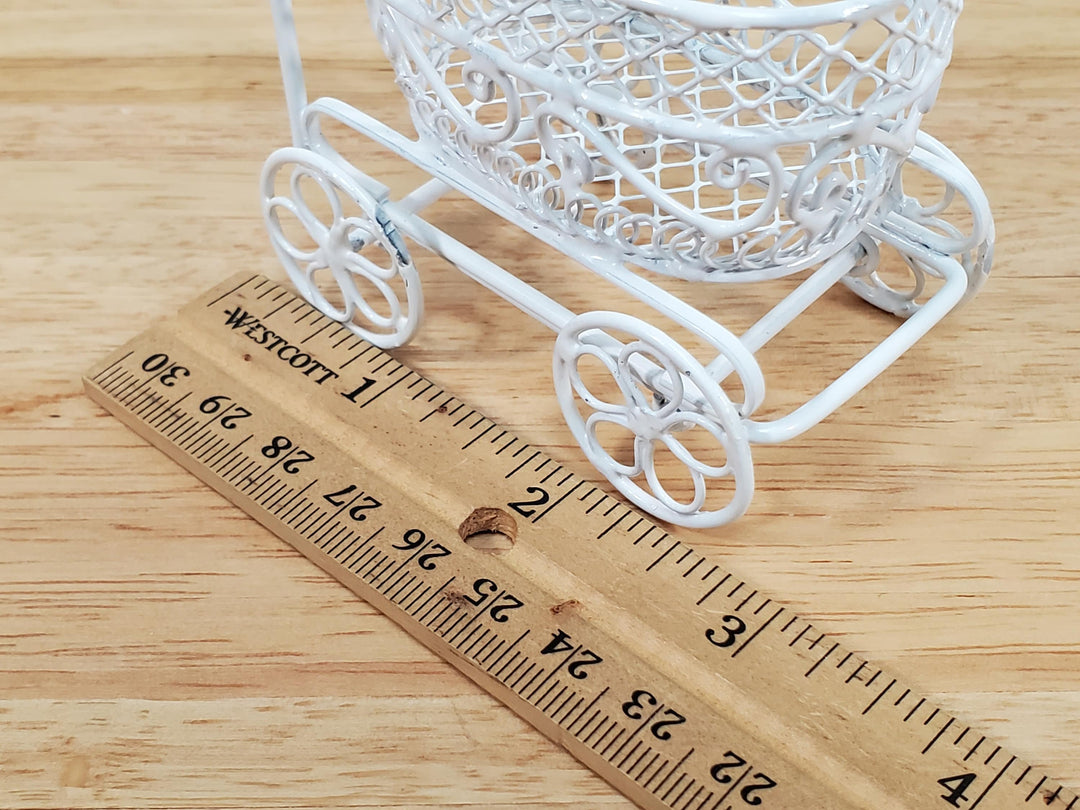 Dollhouse Pram Stroller Carriage White Metal Wire 1:12 Scale Nursery Miniature Furniture