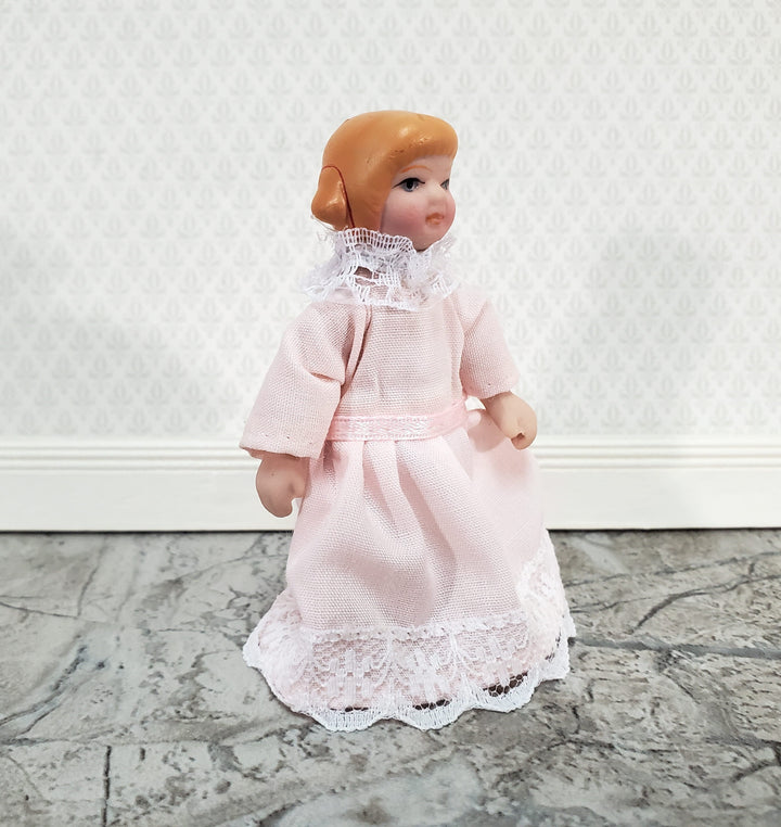 Dollhouse Girl Little Sister Doll Porcelain Pink Dress 1:12 Scale Miniature