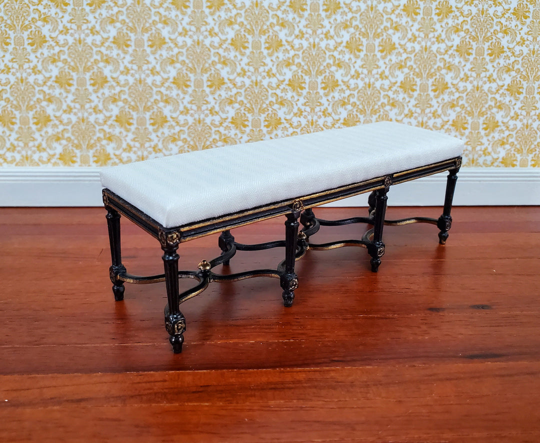 Dollhouse JBM Long Bench Black & Gold White Padded Seat 1:12 Scale Furniture