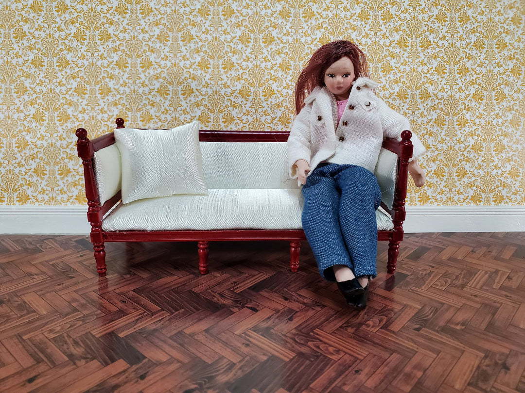 Dollhouse Sofa Couch Louis XVI Style Cream Silky Fabric 1:12 Scale Miniature Mahogany Finish