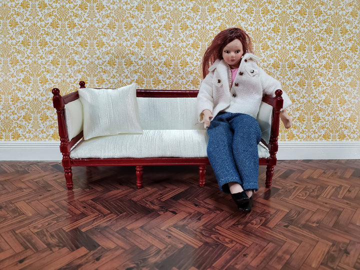 Dollhouse Sofa Couch Louis XVI Style Cream Silky Fabric 1:12 Scale Miniature Mahogany Finish
