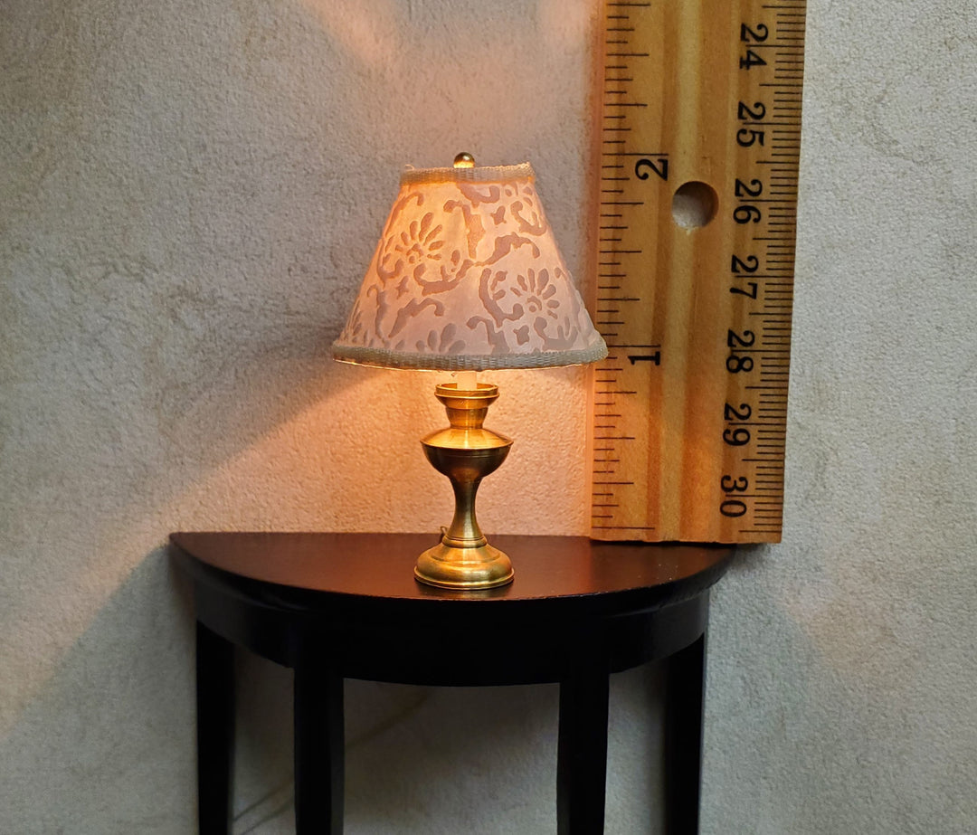 Dollhouse Table Lamp Embossed Cream Shade Brass Base 12 Volt Wired 1:12 Scale