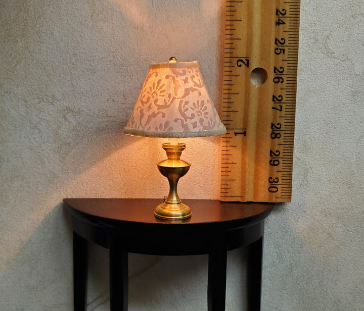 Dollhouse Table Lamp Embossed Cream Shade Brass Base 12 Volt Wired 1:12 Scale