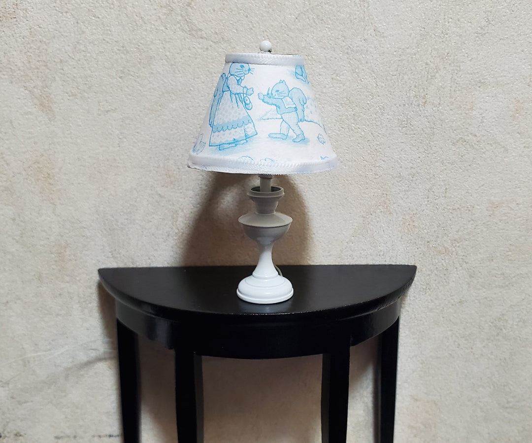 Dollhouse Nursery Table Lamp Blue Shade White Brass Base 12 Volt Wired 1:12