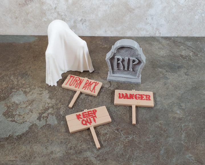 Miniature Halloween Decor Ghost Gravestone Marker Signs Danger 5 pcs 1:12 Scale