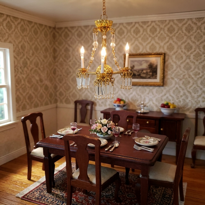 Dollhouse 3 Arm Crystal Chandelier with Chains Handmade 12 Volt 1:12 Scale