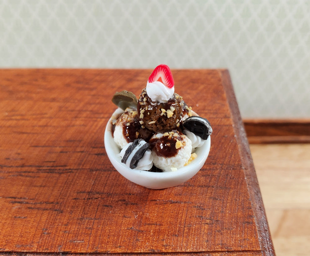 Dollhouse Ice Cream Chocolate Sundae in Round Ceramic Bowl LARGE Miniature Food