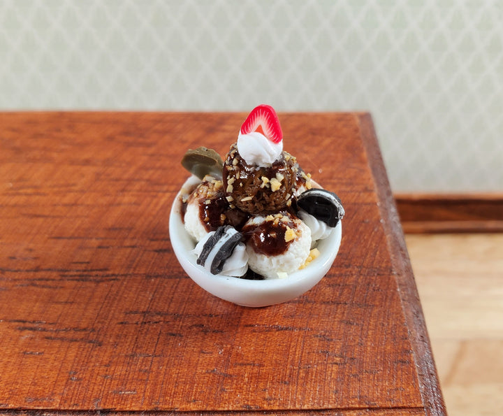 Dollhouse Ice Cream Chocolate Sundae in Round Ceramic Bowl LARGE Miniature Food
