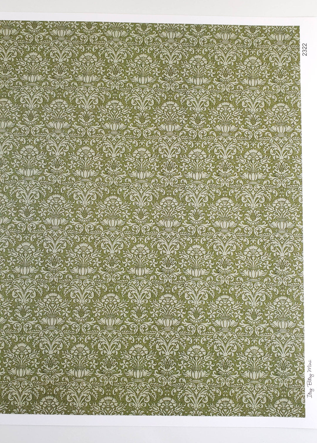 Dollhouse Wallpaper Damask Olive Green Victorian 1:12 Scale Itsy Bitsy Miniatures