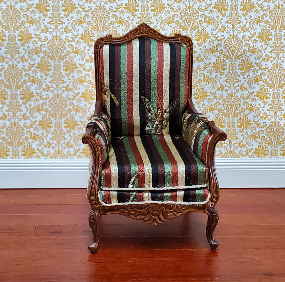 JBM Dollhouse Chair Victorian Style Striped Neutral Fabric 1:12 Scale Furniture