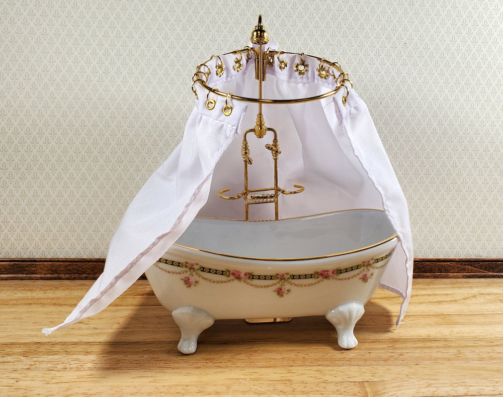 Dollhouse Bath with Shower & Curtain Victorian Rose Reutter Porcelain 1:12 Scale