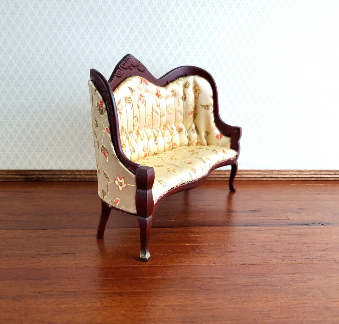 Dollhouse Sofa Couch Victorian Gold Floral Print 1:12 Miniature Mahogany Finish